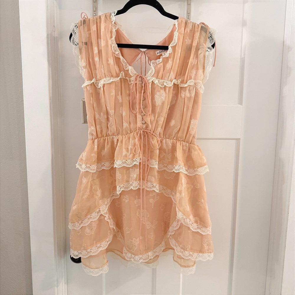 For Love & Lemons Ciara Mini Dress Peach Pink Lace Ruffle Coquette Cottagecore S